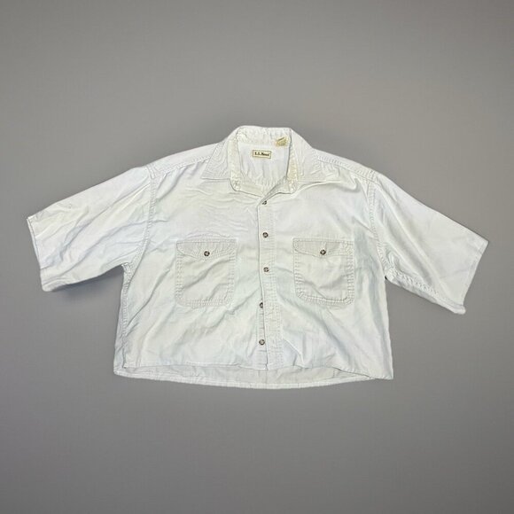 LL Bean Custom Button Down Shirt Sz L Custom Short Sleeve Cropped Stone - Picture 1 of 4